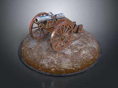 Vintage Cannon Model With Wooden Wheels On Circular Weathered Earthy Base 3d model