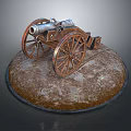 Vintage Cannon Model With Wooden Wheels On Circular Weathered Earthy Base