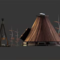 Two Cone Shaped Wooden Huts With Lantern Small Tree And Stones 3d model