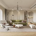 Modern Living And Dining Room Interior With Arched Design Chandelier And Wooden TV Cabinet