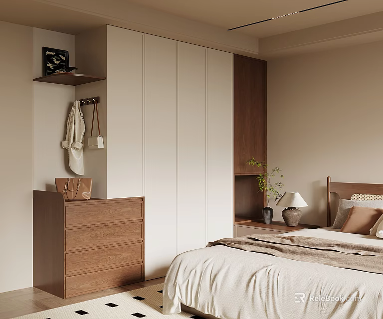 Modern Minimalist Wardrobe In Bedroom With White Wooden Panels And Storage 3d model 