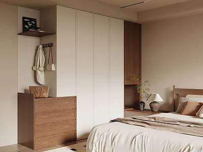 Modern Minimalist Wardrobe In Bedroom With White Wooden Panels And Storage 3d model