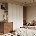 Modern Minimalist Wardrobe In Bedroom With White Wooden Panels And Storage