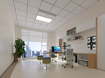 Modern Office Interior Design With Large Windows City View Potted Plant Work Desk And Bookshelf 3d model