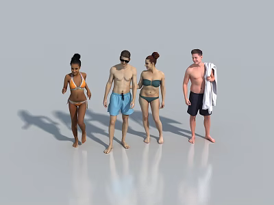 Group of Four People in Swimwear Standing Together with Towel and Casual Style 3d model