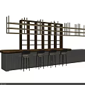 Modern Bar Counter With Wooden Shelves And Black Metal Stools