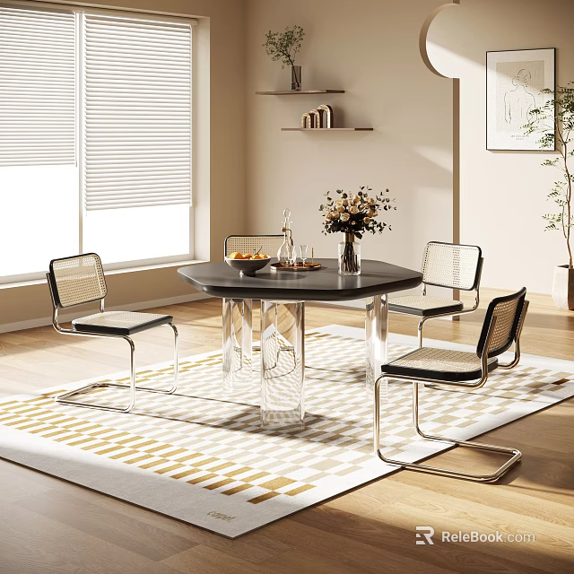 Sleek Modern Dining Table Set With Black Tabletop Transparent Legs Chairs Flower Vase And Rug 3d model 