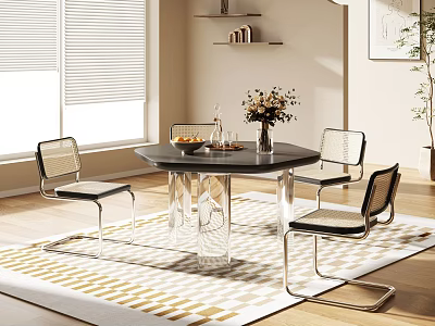 Sleek Modern Dining Table Set With Black Tabletop Transparent Legs Chairs Flower Vase And Rug 3d model