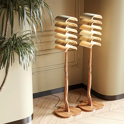 Two Modern Floor Lamps With Wooden Bases And Curved Light Panels Near Green Plant And Decorative Wall 3d model