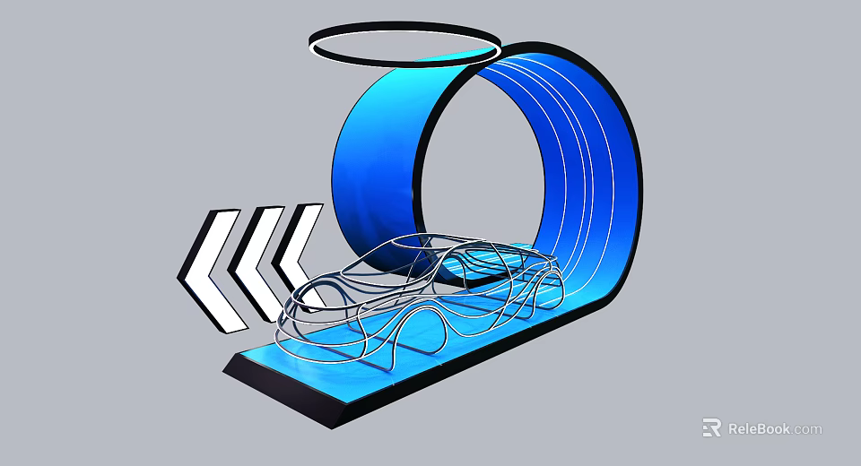 Blue Circular Art Installation With Wireframe Car Model And Arrows 3d model 