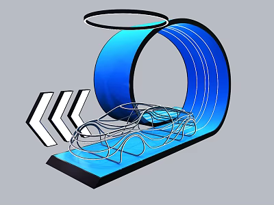 Blue Circular Art Installation With Wireframe Car Model And Arrows 3d model