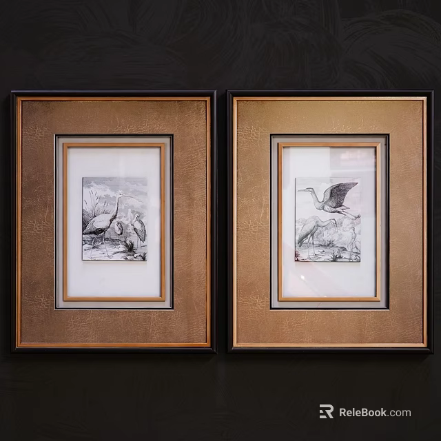Two Framed Animal Paintings With Golden Frames And Bird Illustrations For Wall Decor 3d model 