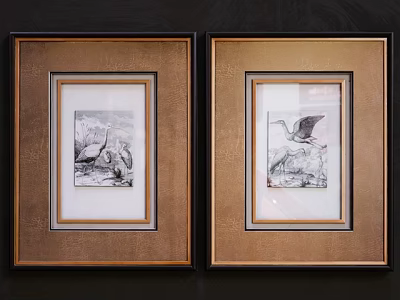 Two Framed Animal Paintings With Golden Frames And Bird Illustrations For Wall Decor 3d model