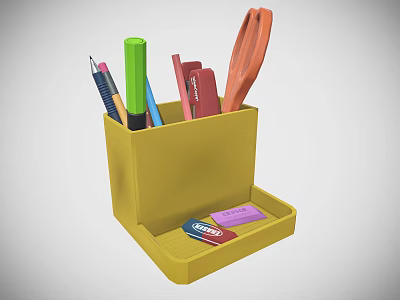 Colorful Assorted Pens In Yellow Pen Holder With Scissors Sticky Notes And Tray 3d model