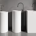 Three Modern White Washbasins with Black Faucets and Different Shapes