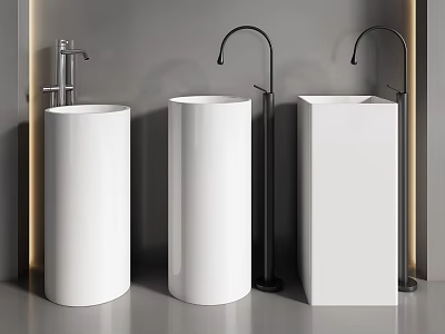 Three Modern White Washbasins with Black Faucets and Different Shapes 3d model