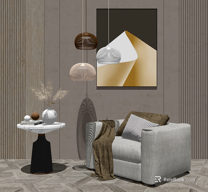Modern Single Sofa Living Room With Artwork Pendant Lights And Side Table 3d model 