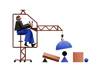 Man sitting on crane structure operating blue controls lifting blue dome with geometric shapes nearby 3d model