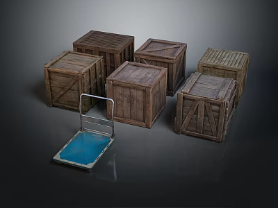 Industrial Wooden Crates and Metal Hand Truck with Blue Platform in Storage 3d model