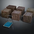 Industrial Wooden Crates and Metal Hand Truck with Blue Platform in Storage