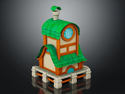 Cartoon House Scene With Green Roof Orange Frame Windows And White Base Platform 3d model