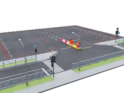 Parking Lot with Traffic Lights Street Lamps Cones Barriers Sidewalk And Fences 3d model
