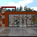 Modern Outdoor Garden Ornament Public Service Kiosk With Bright Orange Exterior And Clear Glass Facade