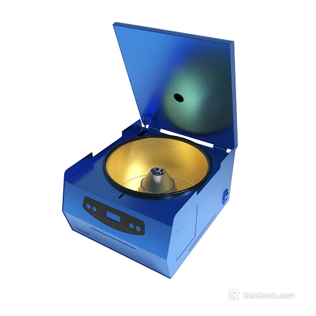 Blue Laboratory Centrifuge With Open Lid Golden Chamber And Silver Rotor 3d model 