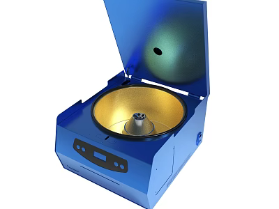 Blue Laboratory Centrifuge With Open Lid Golden Chamber And Silver Rotor 3d model