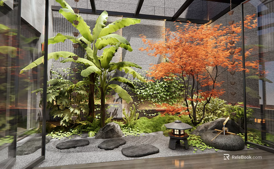 Indoor Landscape Design Featuring Large Green Plants Red Maple Tree Rock Formations And Stone Lantern 3d model 