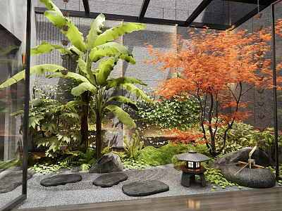Indoor Landscape Design Featuring Large Green Plants Red Maple Tree Rock Formations And Stone Lantern 3d model