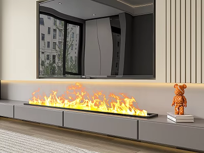 Modern Fireplace With Burning Flames Gray Cabinets Mirror Above Orange Bear Decoration And Window Nearby 3d model
