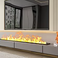 Modern Fireplace With Burning Flames Gray Cabinets Mirror Above Orange Bear Decoration And Window Nearby
