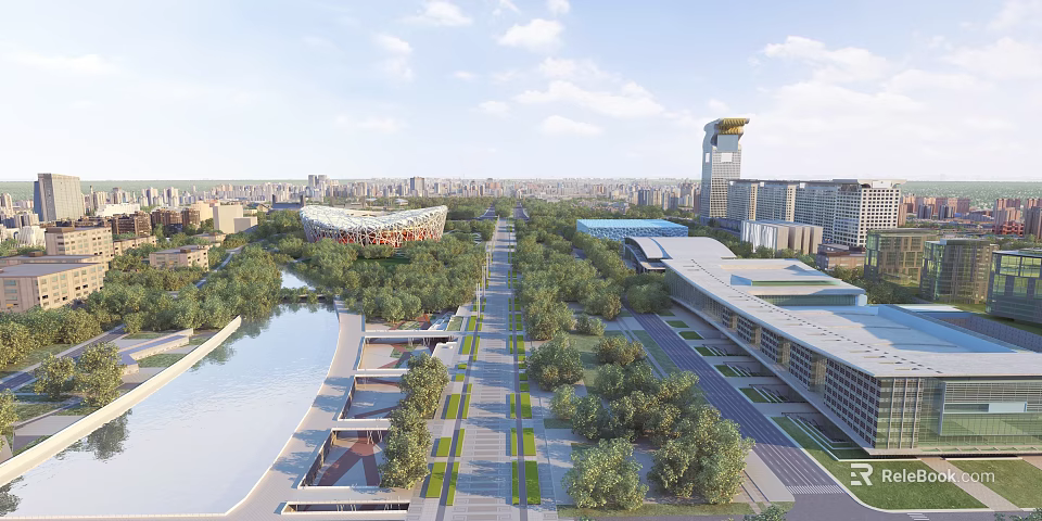 Scenic Urban Landscape With River Lush Trees Wide Avenue Landmark Stadium And Modern Buildings 3d model 