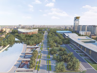 Scenic Urban Landscape With River Lush Trees Wide Avenue Landmark Stadium And Modern Buildings 3d model
