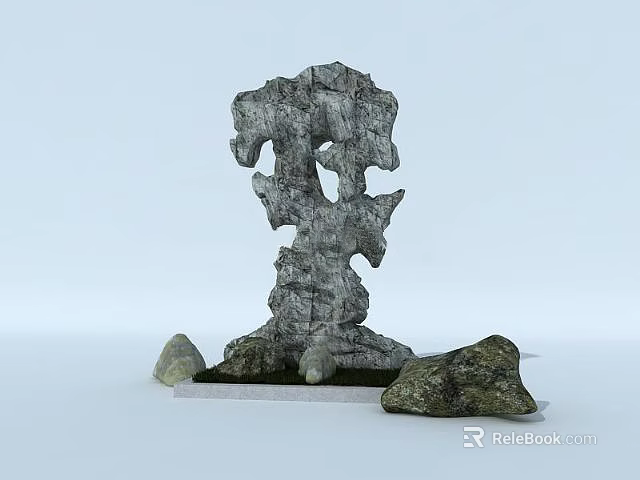 Irregular Stone Sculpture Display on Wooden Base with Supporting Rocks 3d model