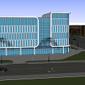 Modern Office Building Exterior Design With Glass Curtain Wall Trees And Parking Area