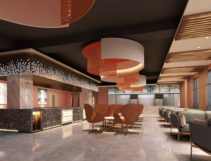 Modern Restaurant Interior With Orange Pendant Lights Wooden Accents And Marble Bar 3d model 