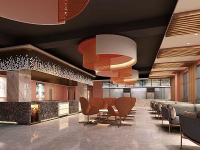 Modern Restaurant Interior With Orange Pendant Lights Wooden Accents And Marble Bar 3d model