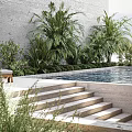 Rockery Stones In Modern Courtyard With Wooden Walkway Steps Greenery And Swimming Pool