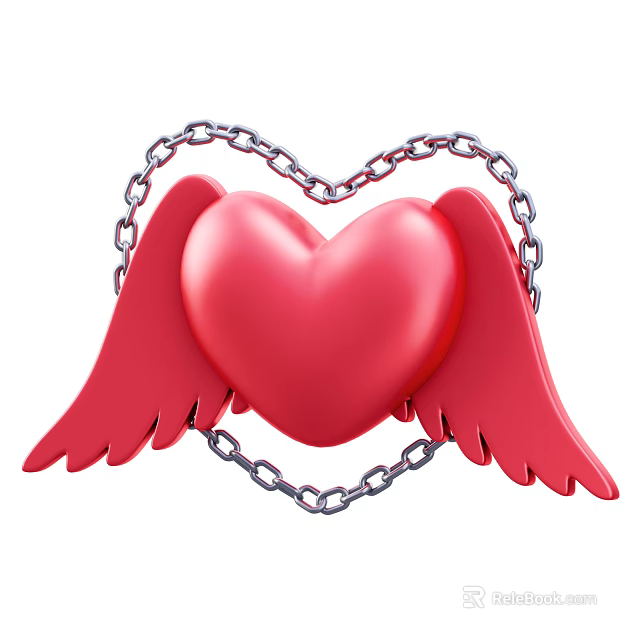 Decorative Ornament Set Featuring Red Heart Red Wings and Silver Chain 3d model 