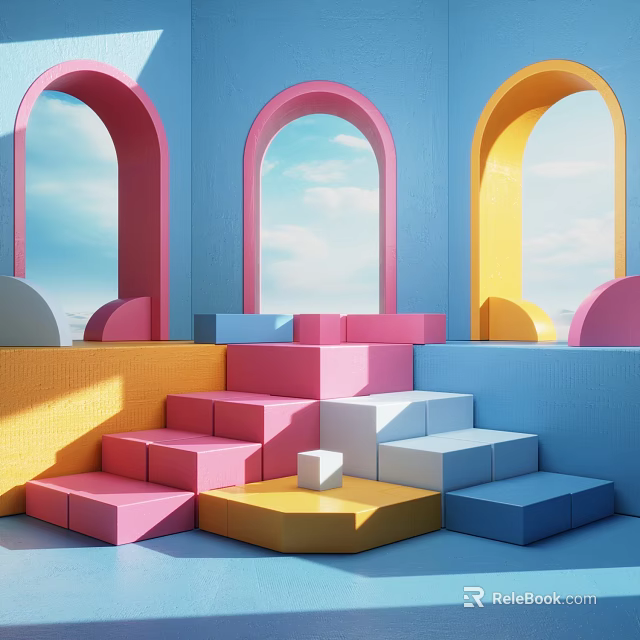 Vibrant Colorful Geometric Arches And Steps With Sky Background For Kids Room Decor 3d model 