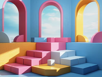 Vibrant Colorful Geometric Arches And Steps With Sky Background For Kids Room Decor 3d model