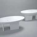 Two White Oval Shaped Reception Desks With Minimalist Cabinets And Support Structures Grey Background 3d model