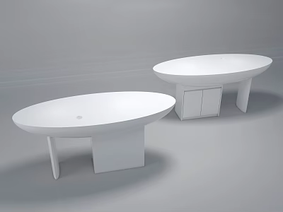 Two White Oval Shaped Reception Desks With Minimalist Cabinets And Support Structures Grey Background 3d model