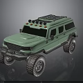 Light Green Off Road Vehicle With Large Tires Roof Rack And Red Lights