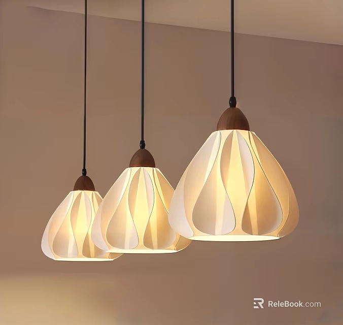 Three Hanging Pendant Lights With Pleated Lampshades And Wooden Bases For Interior Decoration 3d model 