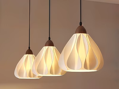 Three Hanging Pendant Lights With Pleated Lampshades And Wooden Bases For Interior Decoration 3d model