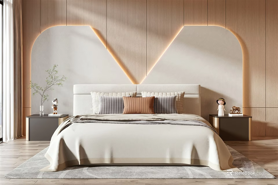 Background Double Bed with Wood Wall Illuminated V Design Bedside Tables Pillows and Light Sheets 3d model 
