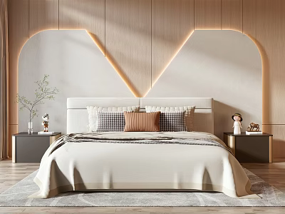 Background Double Bed with Wood Wall Illuminated V Design Bedside Tables Pillows and Light Sheets 3d model